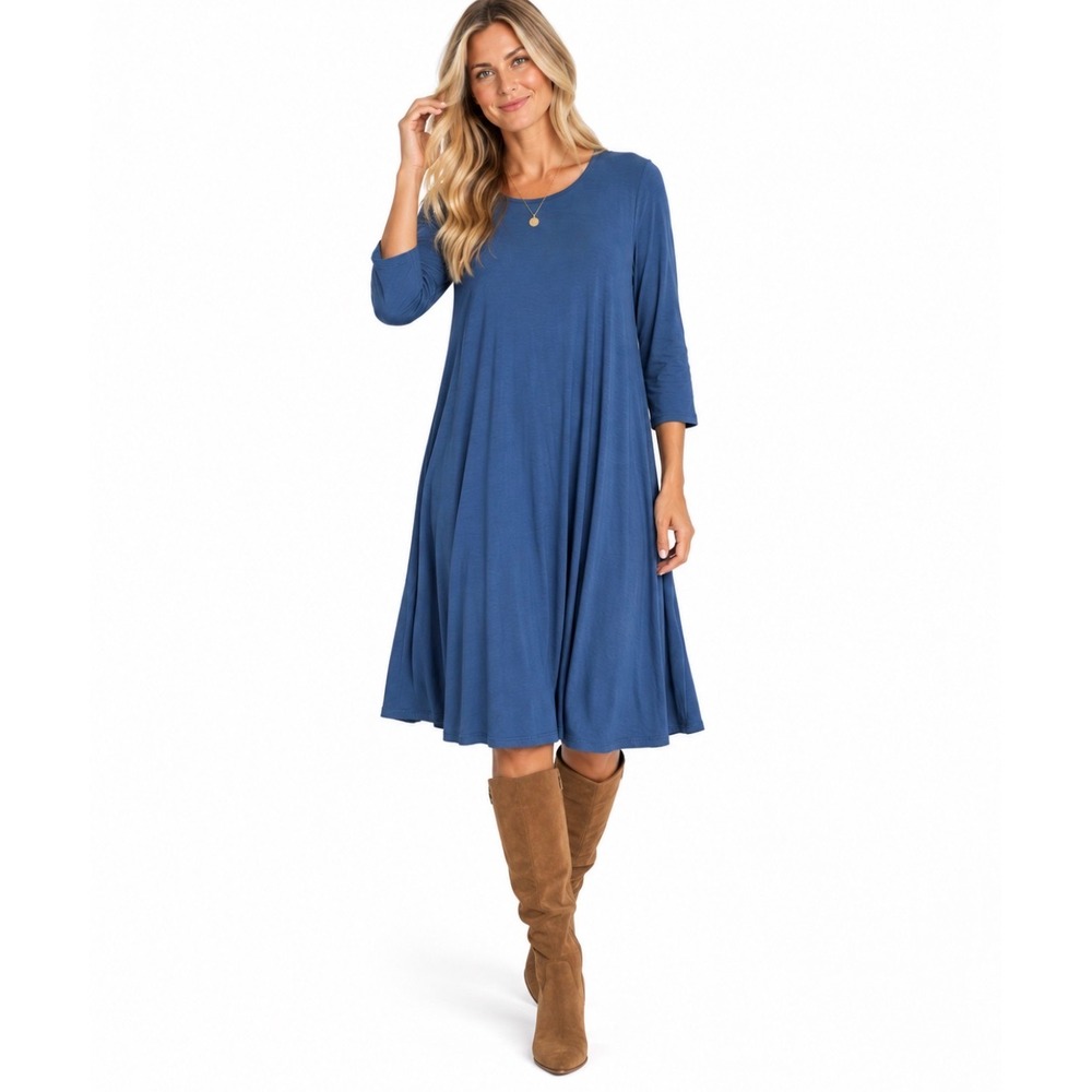 NWT Eileen Fisher Viscose Jersey Round Neck Knee Length Dress Denim Blue XL